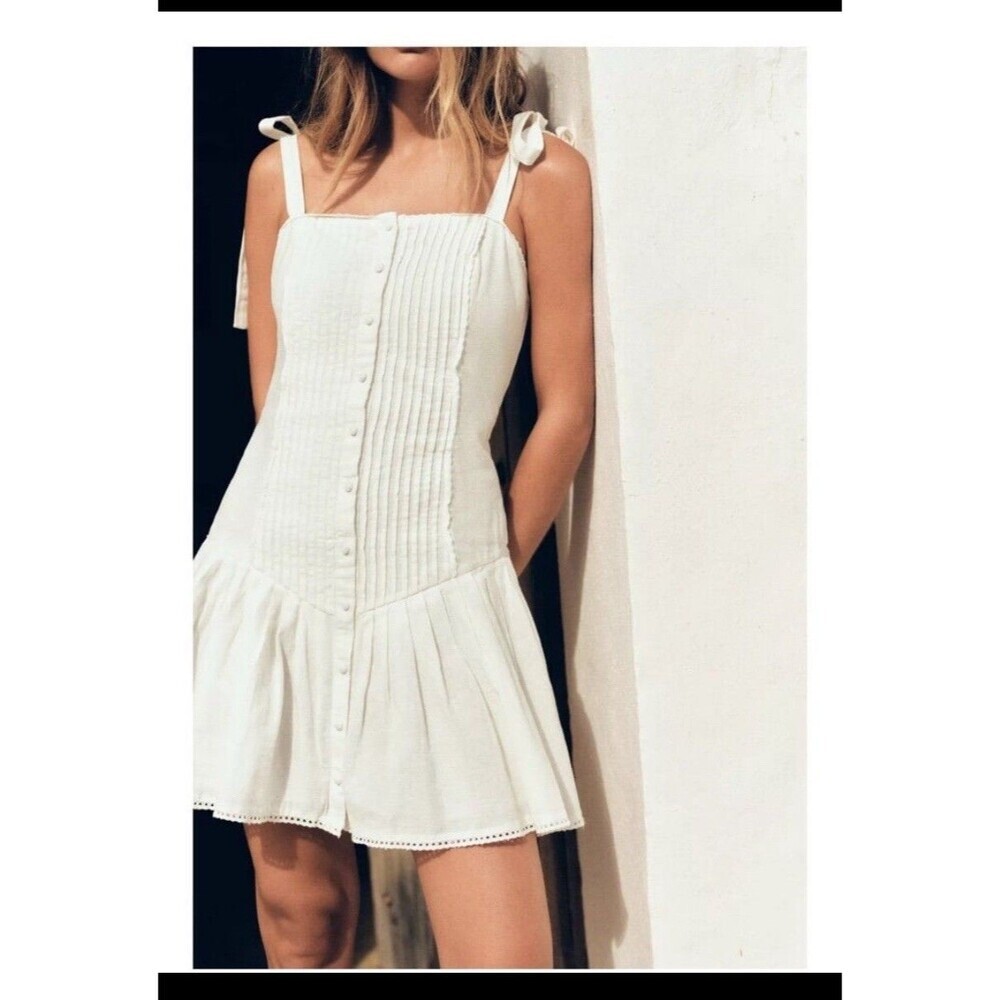 ZARA OYSTER WHITE STRAPPY PLEATED SMOCKED COTTON BLEND SHORT DRESS SIZE  S